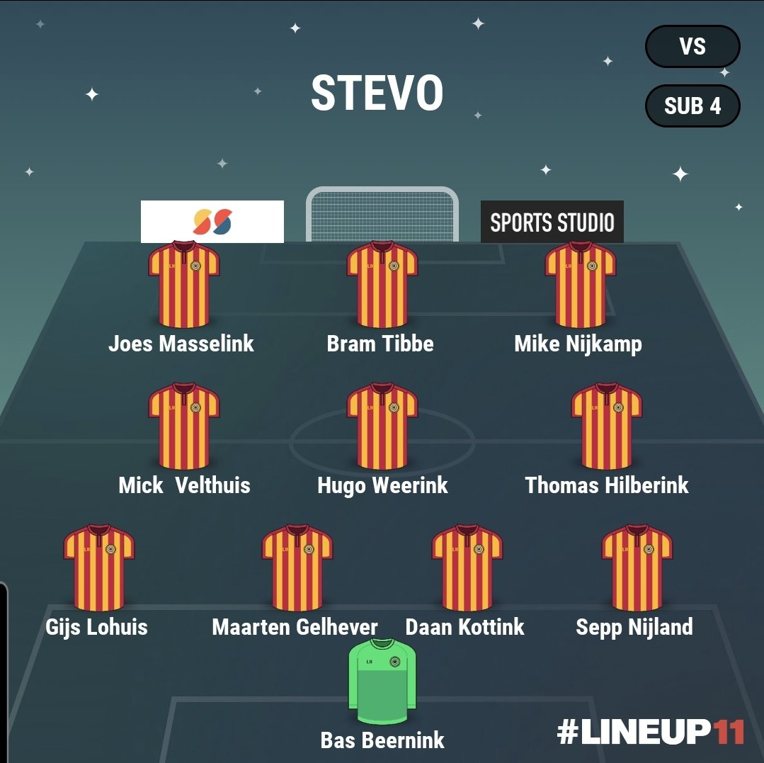 De opstelling van STEVO vanmiddag om 17:00 uur op de Peuverweide tegen MVV '29.
Op de bank beginnen Stijn Harmelink, Sem Meinders, Stan Kraaijvanger en Luuk Withag.