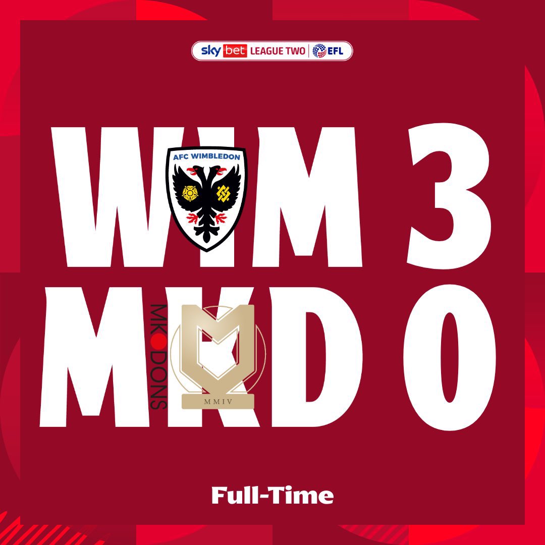 Milton Keynes lied, cheated and STOLE the league position we EARNED via promotion and relegation over 113 years. 
We reformed.
We gave them an EIGHT division head start.
Today we top League 2, having dicked them 3-0. 
We should be magnanimous but that is ruddy lovely.
#Wimbledon