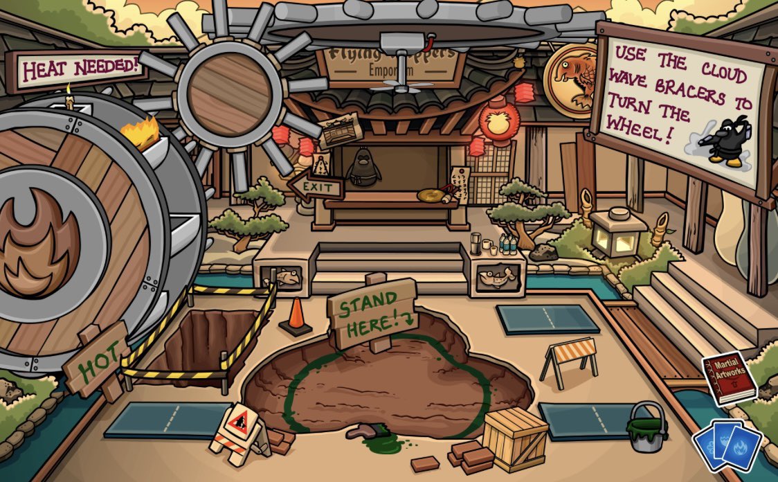 ThatPenguinGame's tweet image. 15 years ago today, Sensei&apos;s Fire Scavenger Hunt Event started. Penguins had to find Fire related items around the Island. Once completed you could obtain the Fire Pin. Also during this event Club Penguin&apos;s Sky turned orange, and you could meet Sensei.