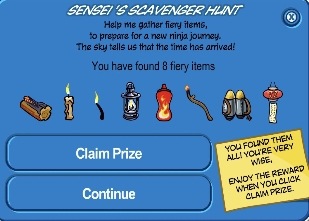 ThatPenguinGame's tweet image. 15 years ago today, Sensei&apos;s Fire Scavenger Hunt Event started. Penguins had to find Fire related items around the Island. Once completed you could obtain the Fire Pin. Also during this event Club Penguin&apos;s Sky turned orange, and you could meet Sensei.