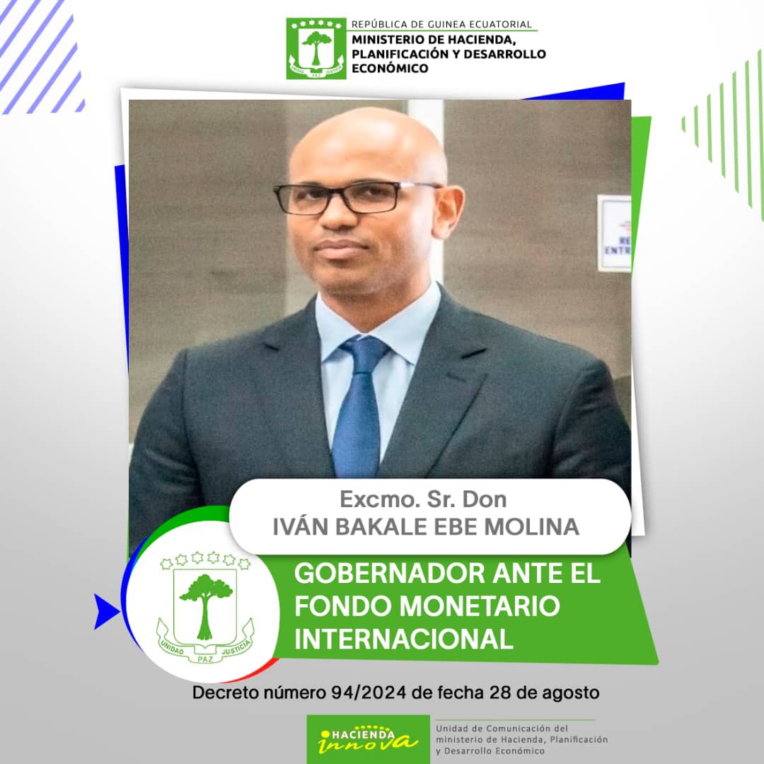 El ministro de <a href="/HaciendaGE23/">Ministerio de Hacienda y Planificación</a>, Excmo. Sr. Don IvánBakaleEBEMOLINA ha sido designado como Gobernador de #GuineaEcuatorial ante #FMI