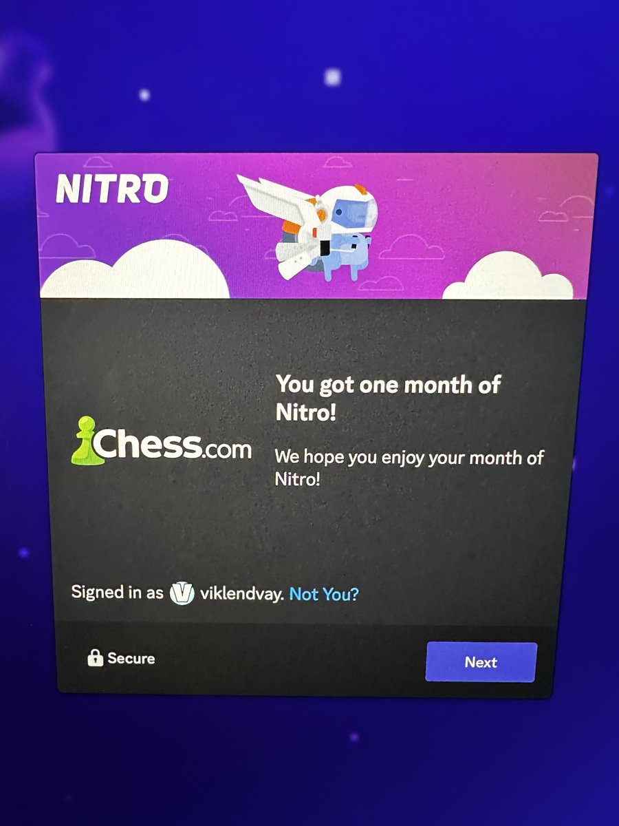 Would you guys trust me if I said I didn’t cheat? Because I didn’t even know that you could get a free month of Discord Nitro for beating their 1700 ELO bot on <a href="/chesscom/">Chess.com</a> without any help…

I’ve gotten pretty good 😂