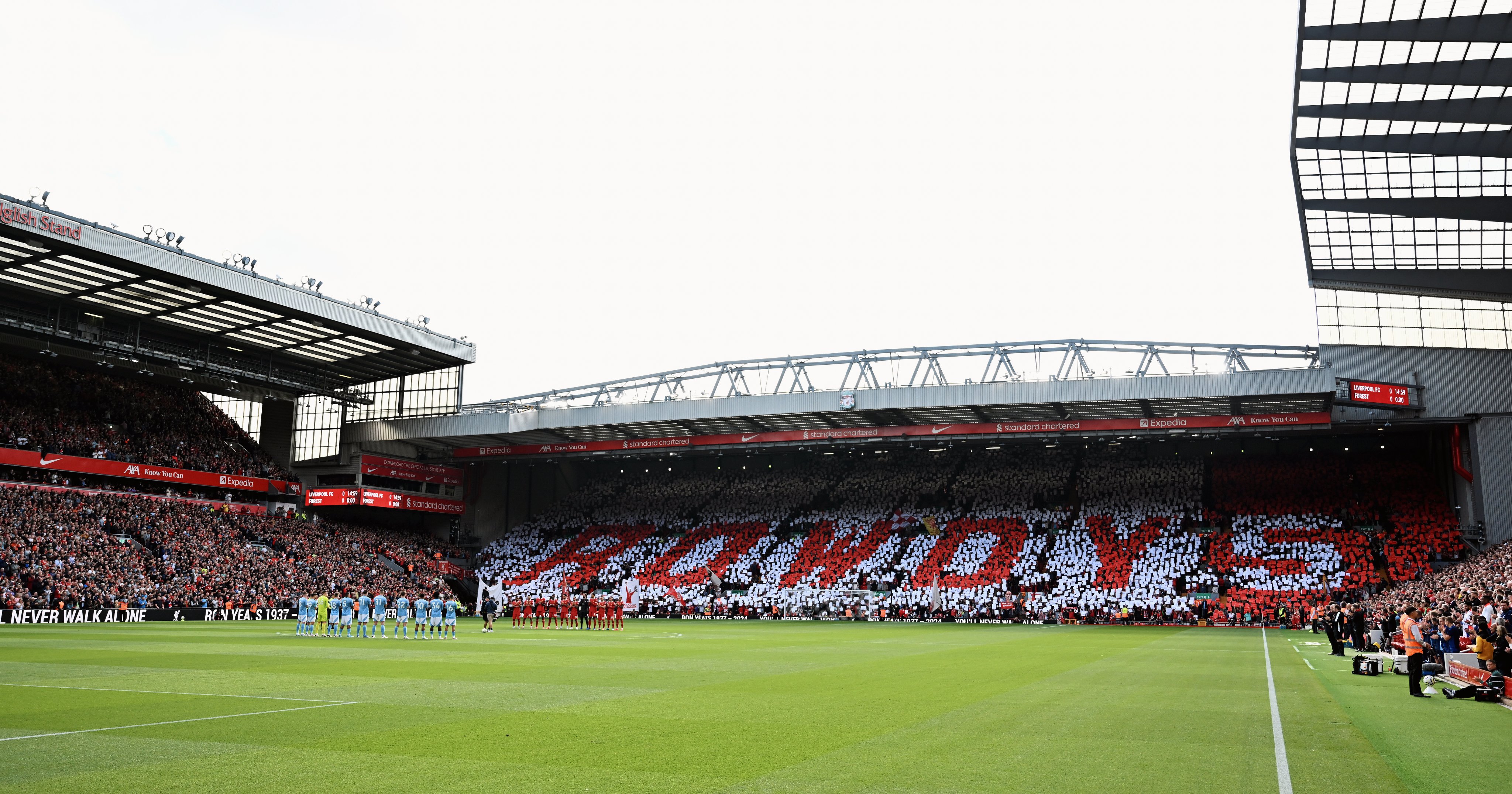 Photography of the minute's applause at Anfield in memory of former Liverpool FC captain Ron Yeats.