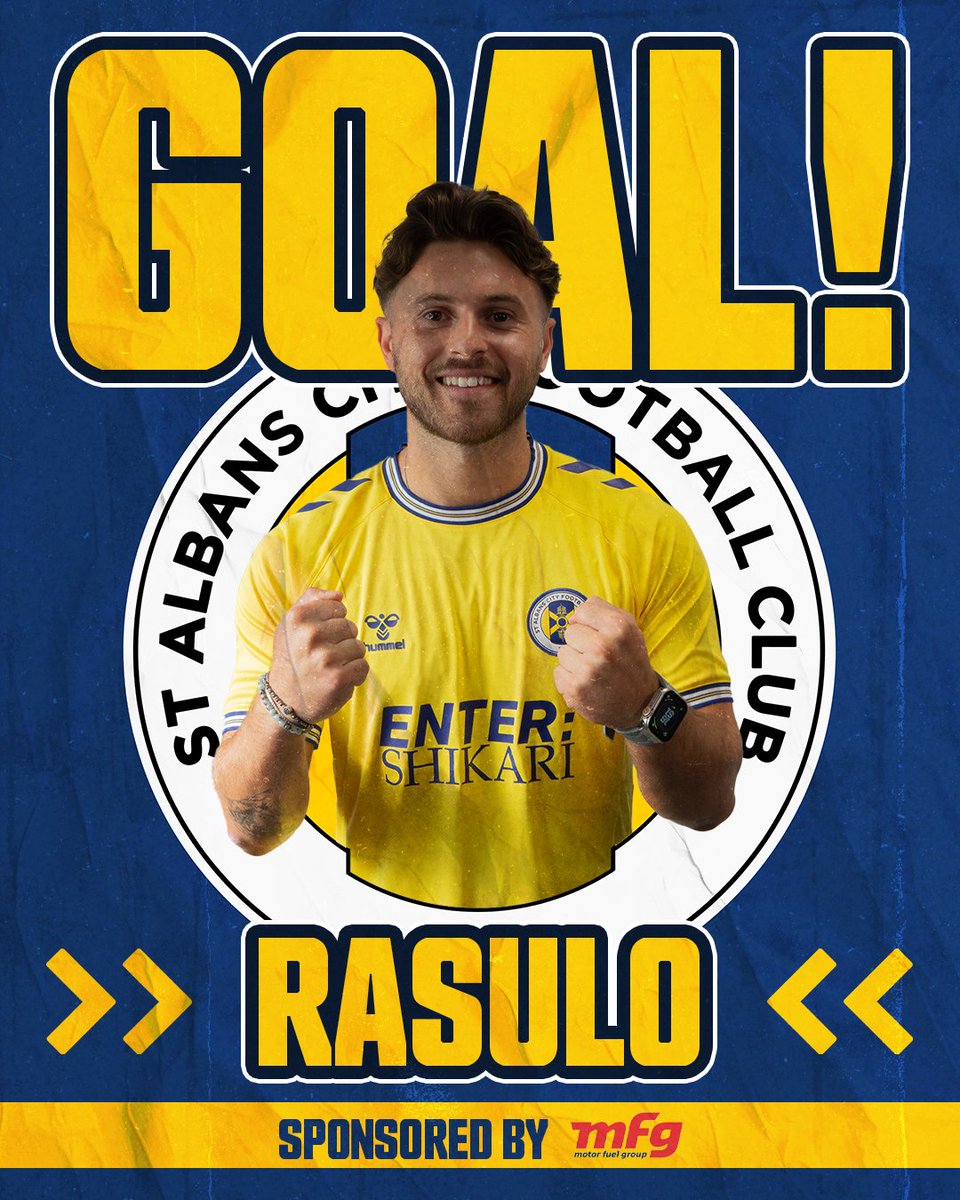 St Albans City FC (@stalbanscityfc) on Twitter photo 16' | β½ GOAL!!! Gio Rasulo hits a 20-yard screamer past the keeper and into the top right corner of the net!!
Marketmen 0-1 Saints
π» bit.ly/4enKkQF
#COMEONYOUSAINTS π #EmiratesFACup 16' | β½ GOAL!!! Gio Rasulo hits a 20-yard screamer past the keeper and into the top right corner of the net!!
Marketmen 0-1 Saints
π» bit.ly/4enKkQF
#COMEONYOUSAINTS π #EmiratesFACup