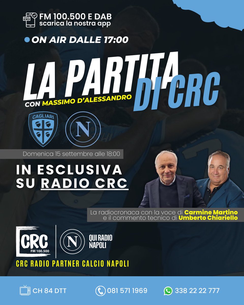 Si torna in campo con la radiocronaca esclusiva su Radio CRC di #CagliariNapoli 🎙️

Con Carmine Martino ed Umberto Chiariello per vivere le emozioni del match degli azzurri 🔵

📻 FM 100,5 MHZ
📲 ascoltaci sull’app gratuita di #RadioCRC