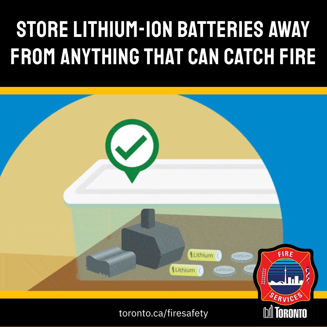 Toronto_Fire's tweet photo. Lithium-ion batteries are flammable and can easily ignite when exposed to excess heat. Always store lithium-ion batteries away from anything that can catch fire. #Toronto #safety https://t.co/wN0I9iIStk