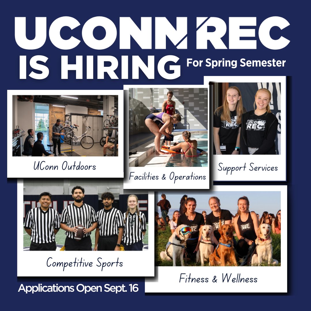 Our team is hiring! Our applications are opening this Monday (9/16) and close 9/29! Head to recreation.uconn.edu under Student Employment to learn more about the available student positions and apply!