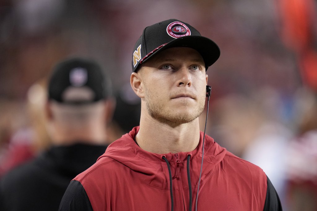 RapSheet's tweet photo. Sources: The #49ers are placing RB Christian McCaffrey on Injured Reserve today, with hopes that his Achilles tendinitis fully heals by the time it’s time to return in four games. It’s Jordan Mason going forward. https://t.co/T7A1mhOUEQ