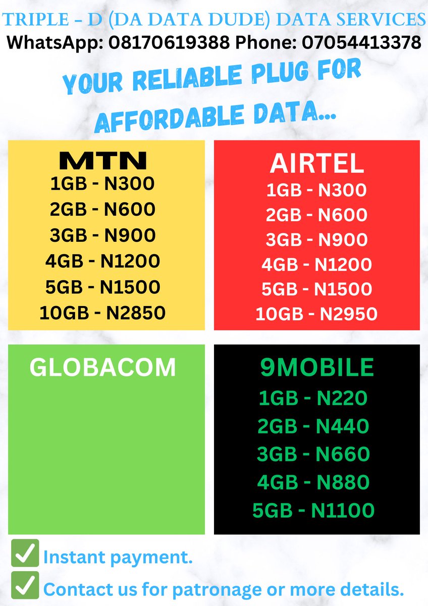 thamas1420's tweet photo. Buy DATA at AFFORDABLE RATES HERE!!!

MTN goes for N300/GB, N2850 for 10GB.

Airtel goes for N300/GB, N2950 for 10GB.

There are two GLO data packages. DM for prices.

Message on WhatsApp @ 08170619388 or DM here on X.

More details on image below. https://t.co/e6hoLZOufv