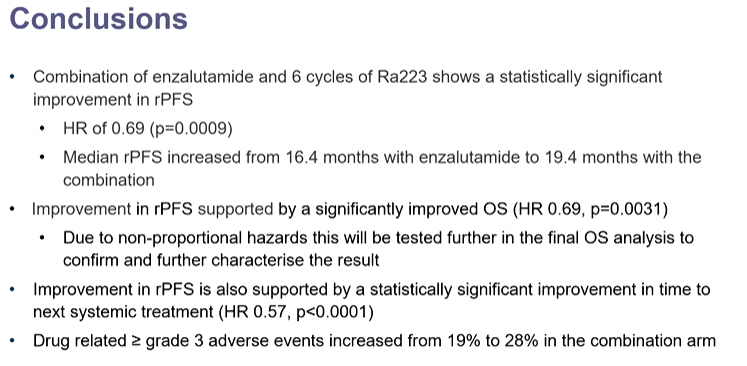Toni Choueiri, MD (@drchoueiri) on Twitter photo Outstanding talk from <a href="/Silke_Gillessen/">silke gillessen</a> elegantly presenting PEACE-3 phase 3 trials first results.
Adding 6 cycles of Ra223 to enzalutamide as first-line therapy for mCRPC showed significant rPFS improvement + significant OS benefit #ESMO24 <a href="/myESMO/">ESMO - Eur. Oncology</a>
<a href="/OncoAlert/">OncoAlert</a> <a href="/urotoday/">UroToday.com</a> Outstanding talk from <a href="/Silke_Gillessen/">silke gillessen</a> elegantly presenting PEACE-3 phase 3 trials first results.
Adding 6 cycles of Ra223 to enzalutamide as first-line therapy for mCRPC showed significant rPFS improvement + significant OS benefit #ESMO24 <a href="/myESMO/">ESMO - Eur. Oncology</a>
<a href="/OncoAlert/">OncoAlert</a> <a href="/urotoday/">UroToday.com</a>