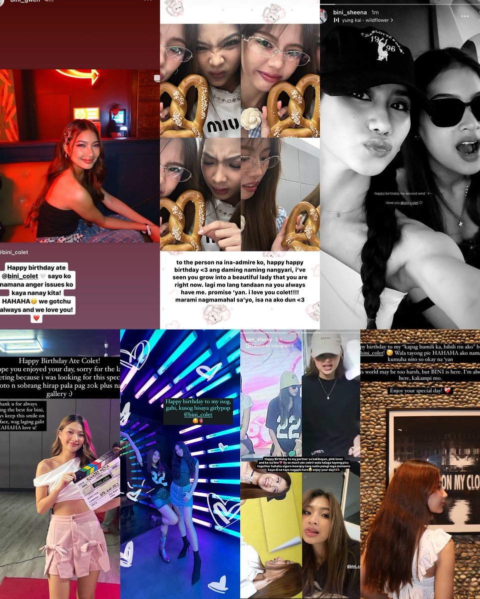 BINI birthday greetings for Colet 🐺:

🐥 : this world may be too harsh, but BINI is here. I’m always here, kakampi mo.
🐱 : happy Birthday to my partner sa kakikayan, pink lover and ka-oa line. 
🐶 : happy birthday to my isog, gahi, kusog bisaya girlypop. 
🦊 : Thank u for