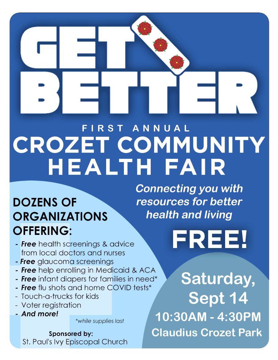 Albemarle Democrats (@albemarledems) on Twitter photo Crozet, Charlottesville, Albemarle County and all others near or far, please come visit the first annual #GetBetter health fair today.
You can also register to vote!!! Crozet, Charlottesville, Albemarle County and all others near or far, please come visit the first annual #GetBetter health fair today.
You can also register to vote!!!