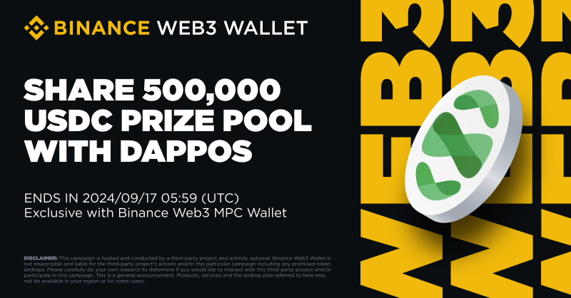 BinanceWallet's tweet photo. Only 3 days left to join the exclusive campaign with @dappOS_com via #BinanceWeb3Wallet!

Complete tasks to claim your share of the 500,000 USDC prize pool!

Join now ⤵️