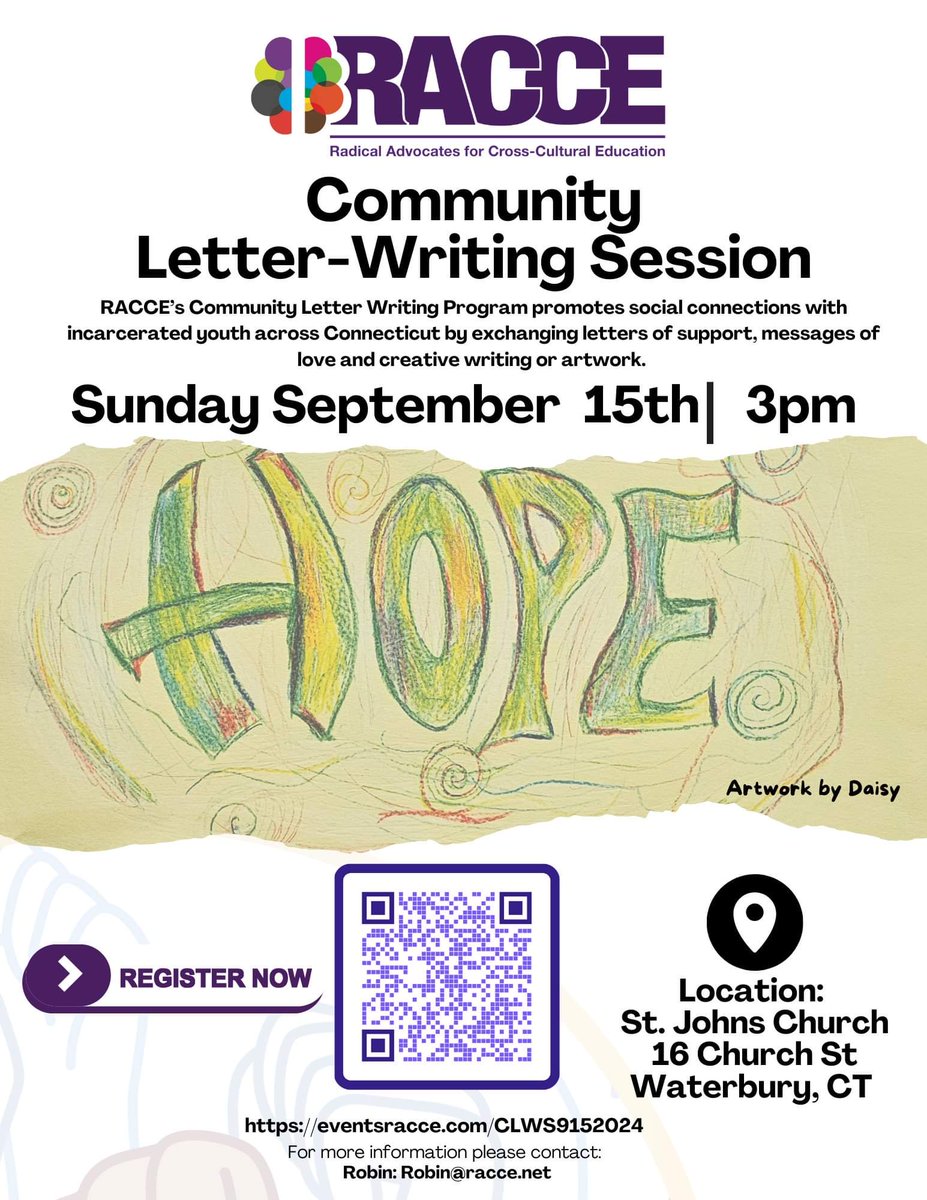 Final day to register for RACCE's CLWP, where we write letters of support, love, and compassion to incarcerated youth here in Connecticut.  Register Here: eventsracce.com/CLWS9152024