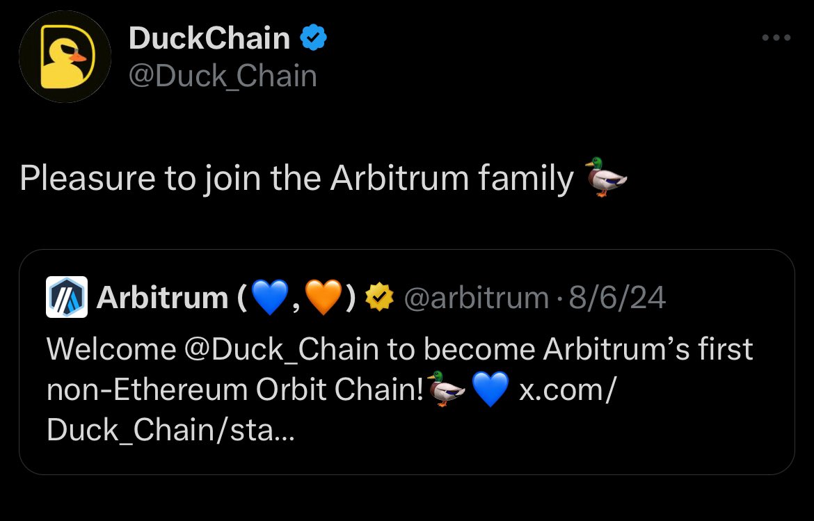 NicoleXBT's tweet image. 𝐀𝐥𝐩𝐡𝐚 𝐀𝐥𝐞𝐫𝐭 🚨

@Duck_Chain is the first TON Layer 2 solution powered by TONScale Labs and Arbitrum. Fully backed by @arbitrum and @ParticleNtwrk 

𝐃𝐮𝐜𝐤𝐂𝐡𝐚𝐢𝐧 has secured $100M TON and 2000+ BTC committed for bridging into TON. They recently launched their New…