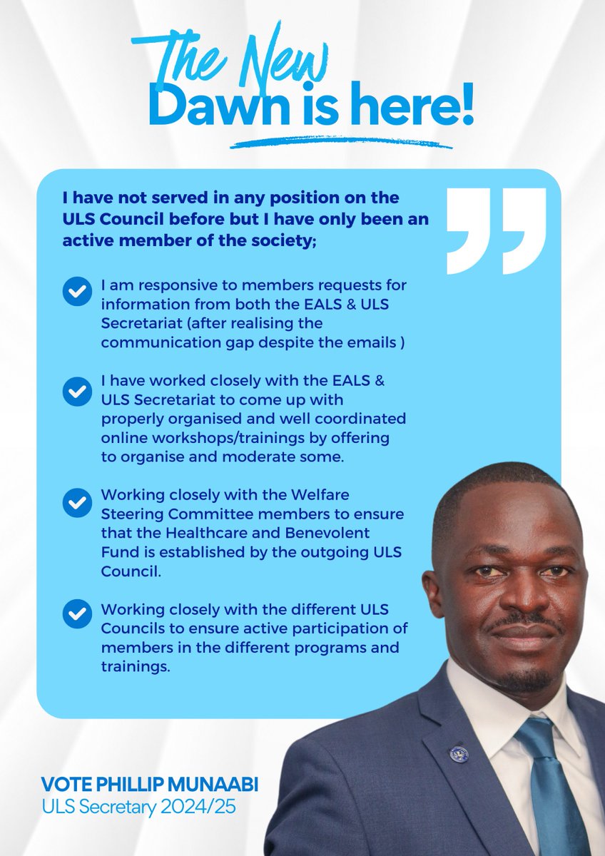 I have always presented myself as a vessel to link the <a href="/ug_lawsociety/">Uganda Law Society</a> &amp; <a href="/ealawsociety/">East Africa Law Society(EALS)</a> to its membership. I pledge to put the experience i have gathered over the years to good use as <a href="/ug_lawsociety/">Uganda Law Society</a> Secretary.