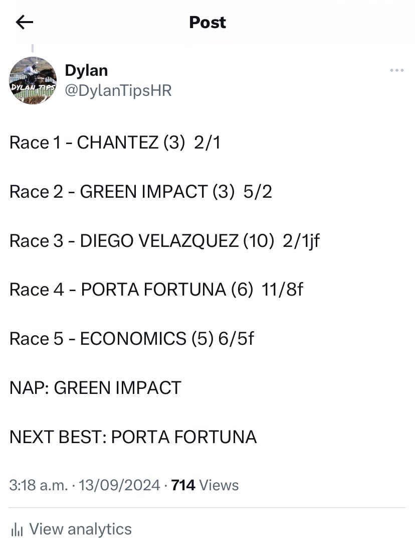 DylanTipsHR's tweet image. 5 Selections At Leopardstown 

5 Winners 

CHANTEZ - 2/1 &amp;gt; SP 6/5 

GREEN IMPACT - 5/2 &amp;gt; SP 5/2 

DIEGO VELAZQUEZ - 2/1 &amp;gt; SP 1/1 

PORTA FORTUNA - 11/8 &amp;gt; SP 5/4 

ECONOMICS - 6/5  SP 7/4 

I said it once and I’ll say it again, you WILL beat the books with me.

♻️❤️ Appreciated.