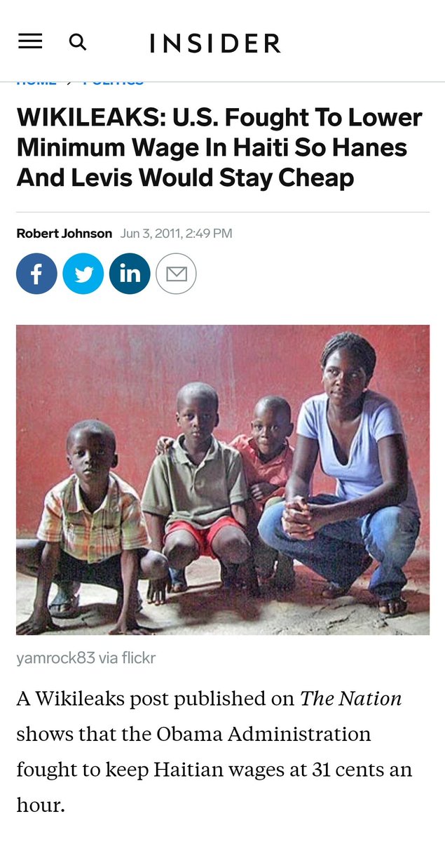 <a href="/GrimmStarGaming/">Grimm</a> <a href="/MusingsInSilico/">Musings 𝘪𝘯 𝘴𝘪𝘭𝘪𝘤𝘰</a> <a href="/jeremykauffman/">Jeremy Kauffman 🦔🌲🌕</a> Obama pressured Haiti to keep their minimum wage at 31 cents an hour.

That isn't the only thing the American government pressured them to do. Their infrastructure is instable due to the meddling of the American government.