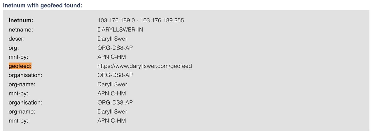 DaryllSwer's tweet photo. I must have missed the announcement. @apnic has finally added the #geofeed attribute. Updated my all my RIR records to reflect the new attribute on APNIC. https://t.co/VLWYQGxl9D