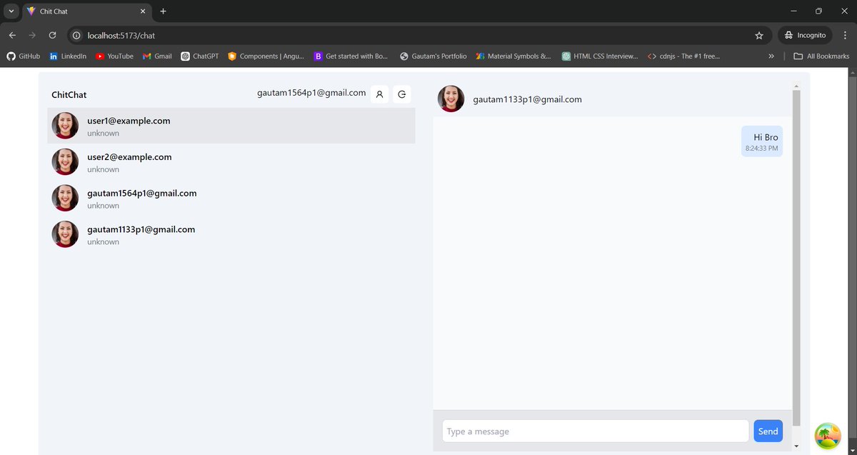 gautam1133p1's tweet image. Missed coding last week, so this week I covered my gap by building this real time chat app.
Tech Stack : ReactJS, React query, Tailwind CSS, Supabase for holding my data and authentication.

Two different users doing chat.

#project4 #react #frontend