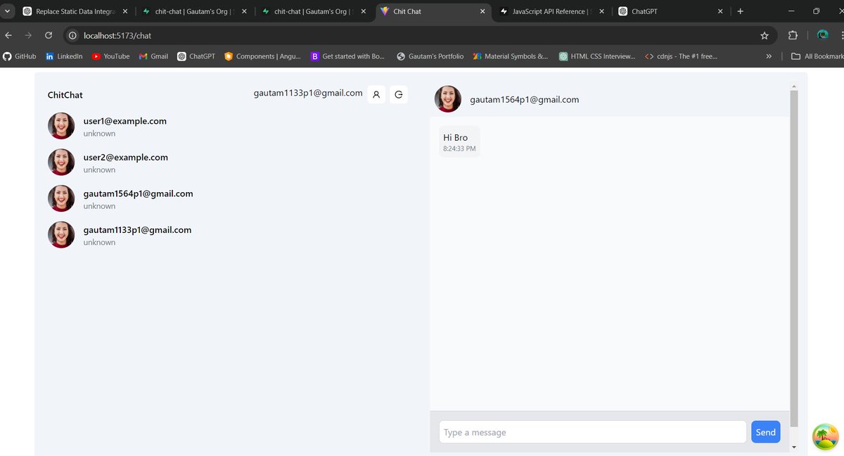 gautam1133p1's tweet image. Missed coding last week, so this week I covered my gap by building this real time chat app.
Tech Stack : ReactJS, React query, Tailwind CSS, Supabase for holding my data and authentication.

Two different users doing chat.

#project4 #react #frontend