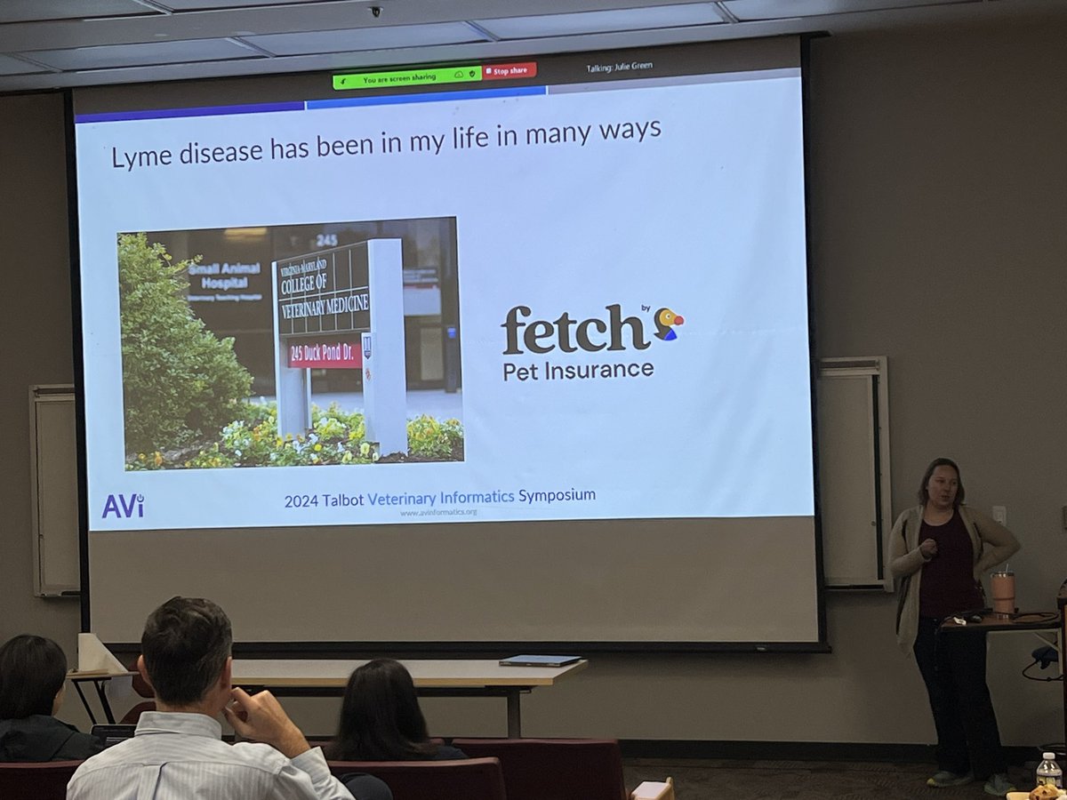 audreyruple's tweet image. Dr. Janice O&apos;Brien is presenting findings from her research on Lyme disease using data collected by Fetch Pet Insurance at the @avinformatics Talbot Symposium. 

The takeaway is that Lyme diagnoses in companion dogs can be used to predict and prevent diagnoses in humans!