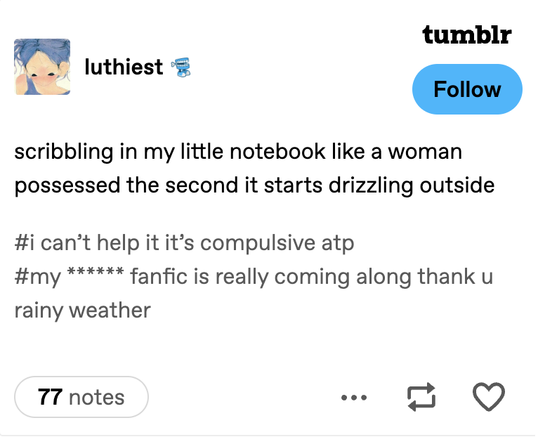 tumblr's tweet photo. ah yes, the good ol' the rain to writing pipeline
https://t.co/6nqbD3gkO3 https://t.co/j21uC9f4mI