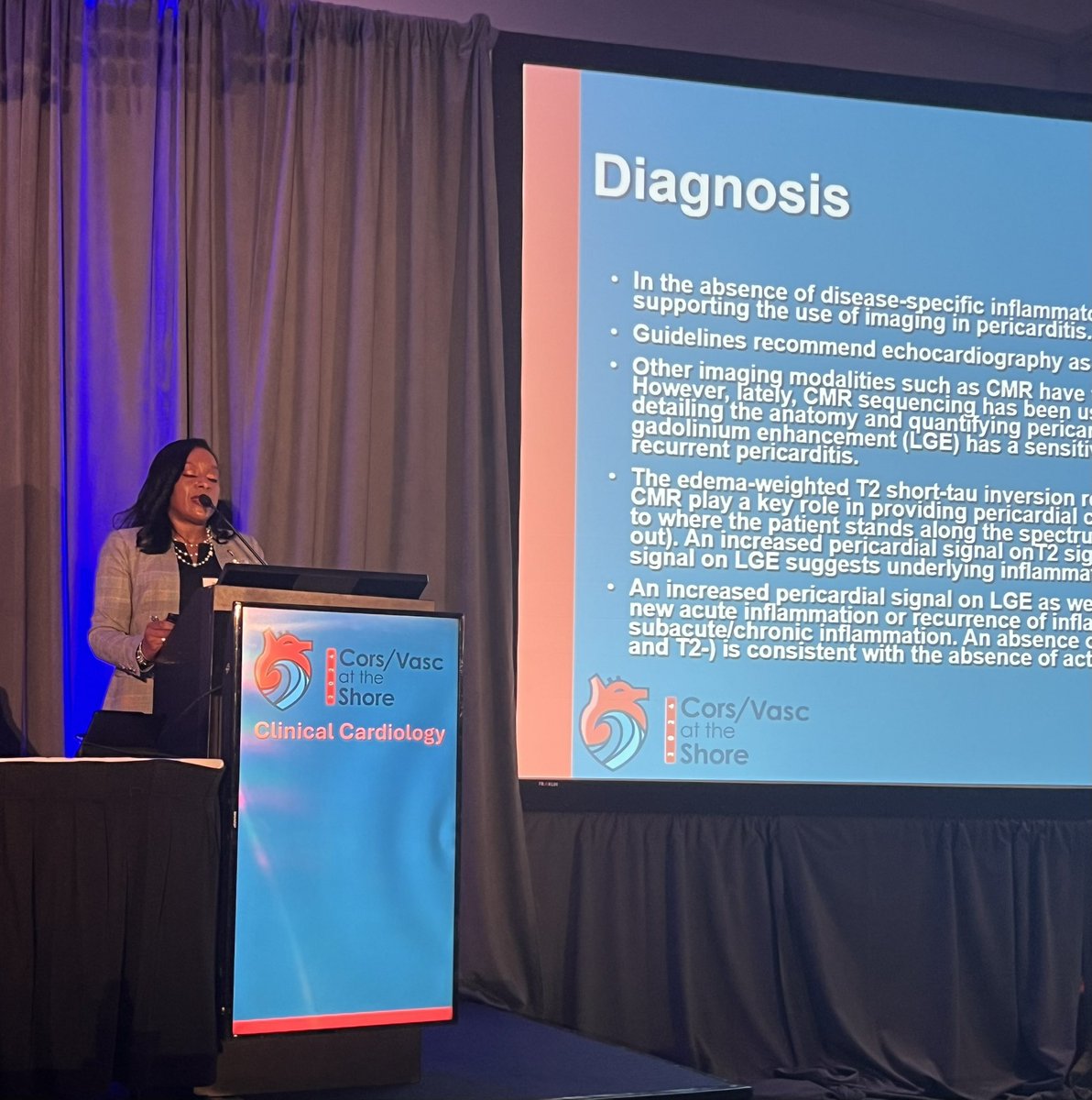 CorsAtTheShore's tweet photo. The @NJACC President and expert in cardiovascular imaging, @RBP0612 Dr. Renee Bullock Palmer educates us with her presentation on management of #pericarditis. #NSAIDs arenโt the only option any more! #arcalyst @kiniksa https://t.co/7EIsQGNNv7