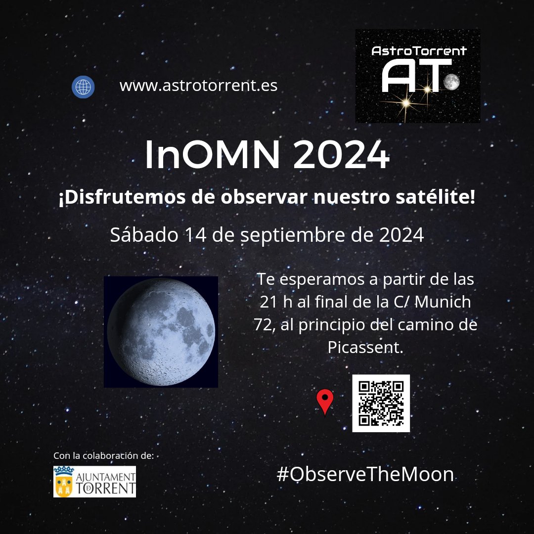 AstroTorrent's tweet image. Hoy celebraremos el día internacional de la observación de la Luna en Torrent. Ven con nosotros a observarla y conocer mejor nuestro satélite. #ObserveTheMoon
