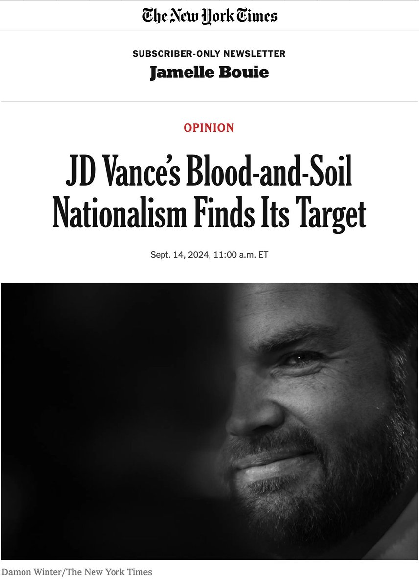 Surabees's tweet image. &quot;Blood and soil&quot;

The @nytimes has now stooped to essentially calling @JDVance a Nazi. Truly vile stuff from the supposed paper of record - If they had any ethics at all they would retract this and apologize.