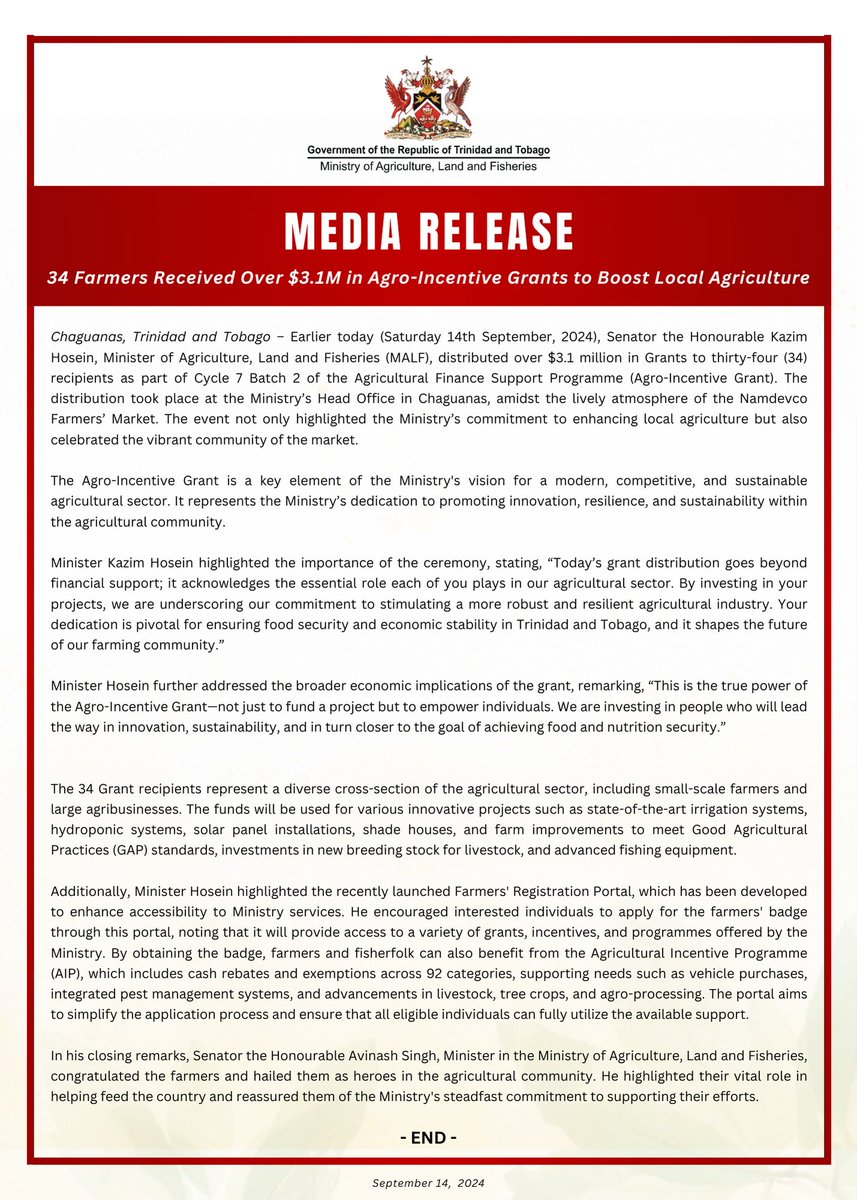 maftt_'s tweet photo. MEDIA RELEASE: 34 Farmers Received Over $3.1M in Agro-Incentive Grants to Boost Local Agriculture

Learn more in the image attached or on our website at the following link:
https://t.co/EXCdjm3DV2

#MALF #MediaRelease #AgroIncentiveGrant #ChequeDistribution https://t.co/aKQi1kFnAe