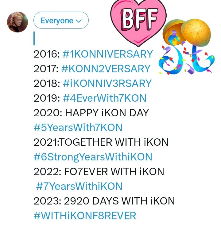 520AziKONIC's tweet photo. iKON's debut anniversary hashtags/taglines throughout the years

2024:
CELEBRATIN9 iKON
#9YearsToForeverwithiKON 
@iKONIC_143 #iKON #아이콘 https://t.co/pwktg7I1k6