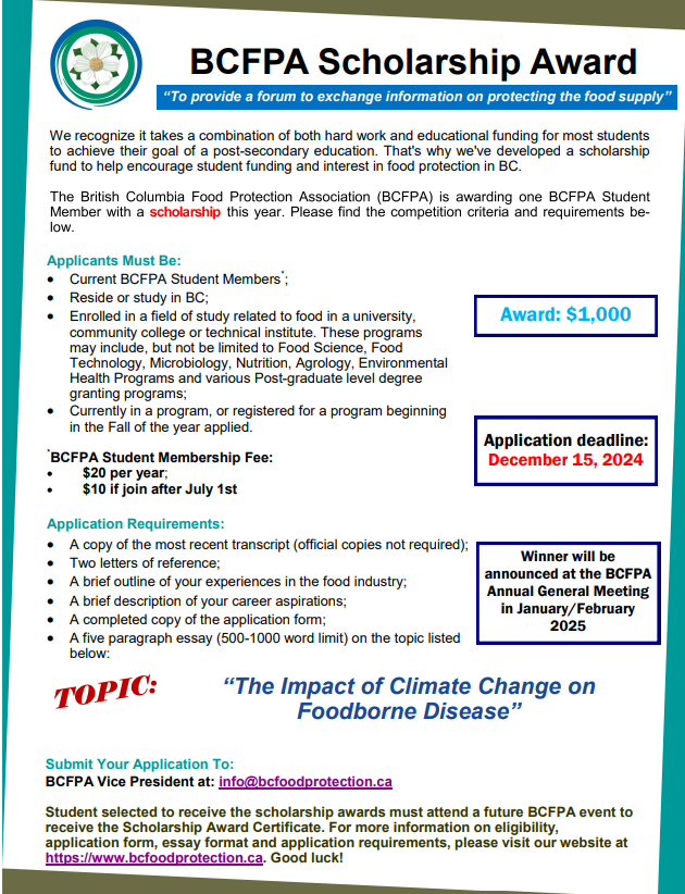 BCFoodPA's tweet photo. Hi Students!

BCFPA Scholarship Award - Applications Are Now Open!

Visit our Scholarship page for the application process and requirements details: https://t.co/7iL4a0pZRA

Topic: The Impact of Climate Change on Foodborne Disease

Deadline: December 15, 2024.

Good luck! https://t.co/xldgctL6nd