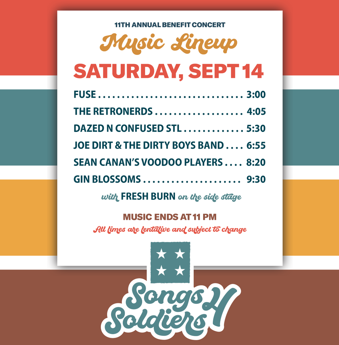 Who’s ready for Day 2? 🙌 Gates open at 2:30, and we’ve got a killer music lineup ahead! Bring your lawn chairs and get ready for an awesome night. 🎶🎸

#Songs4Soldiers #Songs4SoldiersSTL #S4S2024 #veterans