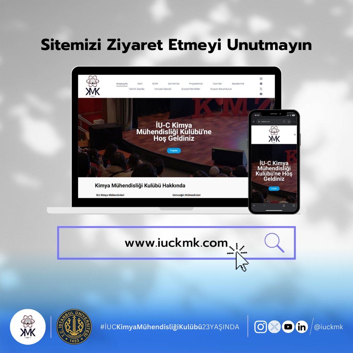 Büyük bir heyecan ve mutlulukla, İstanbul Üniversitesi-Cerrahpaşa Kimya Mühendisliği Kulübü'nün yeni web sitesini sizlere sunuyoruz!🎊

🔗 iuckmk.com

Sizleri web sitemizi ziyaret etmeye ve tüm yenilikleri keşfetmeye davet ediyoruz. 

İÜ-C KMK Ekibi 💫