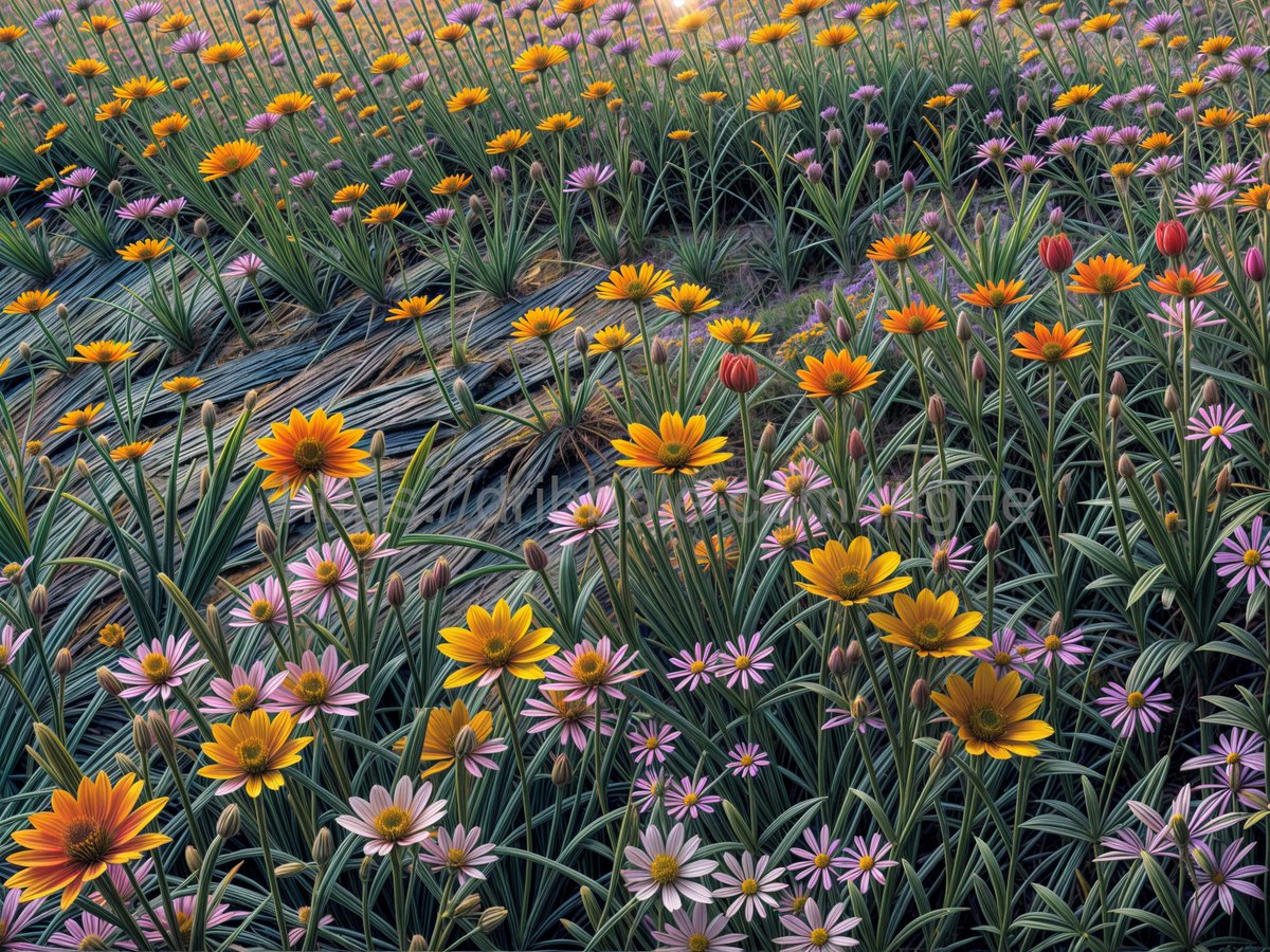 GalleryPure's tweet photo. A close-up of a field of wildflowers, at sunset, synthographic https://t.co/RAXZvFkyq0