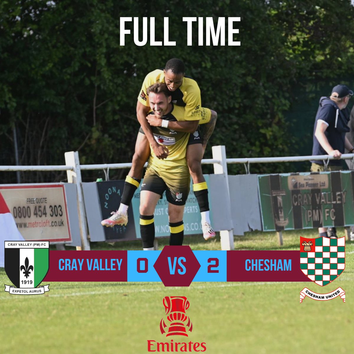 Chesham United FC (@cheshamutdfc) on Twitter photo FULL TIME
<a href="/CrayValleyPM/">Cray Valley (PM) FC</a> 0 <a href="/cheshamutdfc/">Chesham United FC</a> 2
A <a href="/JoeGrant14/">J o e y G r a n t</a> second half double puts the Generals into the 3rd Qualifying Round of the <a href="/EmiratesFACup/">Emirates FA Cup</a> defeating Step 3 Cray Valley FULL TIME
<a href="/CrayValleyPM/">Cray Valley (PM) FC</a> 0 <a href="/cheshamutdfc/">Chesham United FC</a> 2
A <a href="/JoeGrant14/">J o e y G r a n t</a> second half double puts the Generals into the 3rd Qualifying Round of the <a href="/EmiratesFACup/">Emirates FA Cup</a> defeating Step 3 Cray Valley