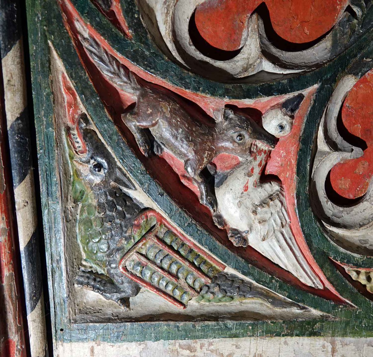 Slightly unusual remains of the C15th rood screen at Dickleburgh, Norfolk, that doesn't get enough attention IMHO. No saints or angels here, but rather a fantastic collection of tiny village characters, devils, animals...