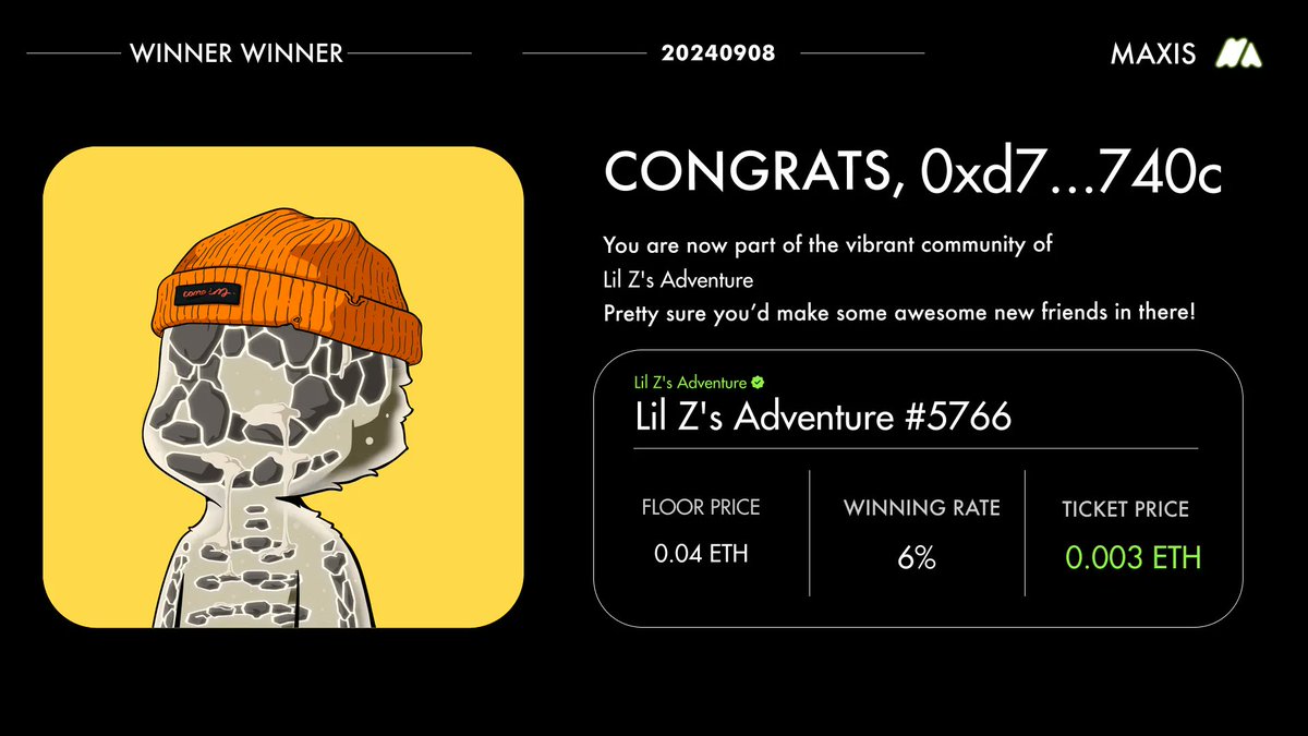 Winner winner,chicken dinner! 🎉

 I just won [Lil Z's Adventure #5766] @maxis_gg!

I'm happy to get another LilZ for Maxis! These cute Lil pandaz are more important than people realize. 

Link: maxis.gg/play/assets/et…