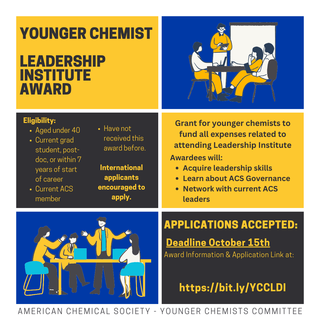 Interested in gaining valuable leadership skills and learning about ACS governance and structure while also connecting with current ACS leaders? Apply to attend the ACS Leadership Institute, applications open now and deadline to apply is October 15th.  acsycc.org/awards/leaders…