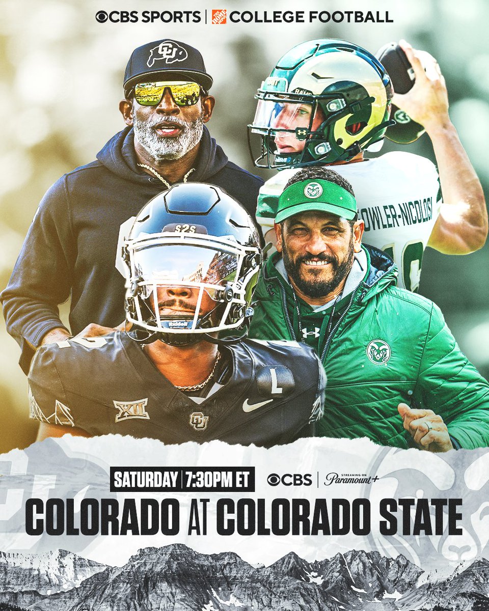 CBSSportsCFB's tweet photo. The Rocky Mountain Showdown is ready for another chapter. 

Watch @CUBuffsFootball vs. @CSUFootball on @CBS and @paramountplus tonight at 7:30 PM ET. https://t.co/N6GLuwYbis