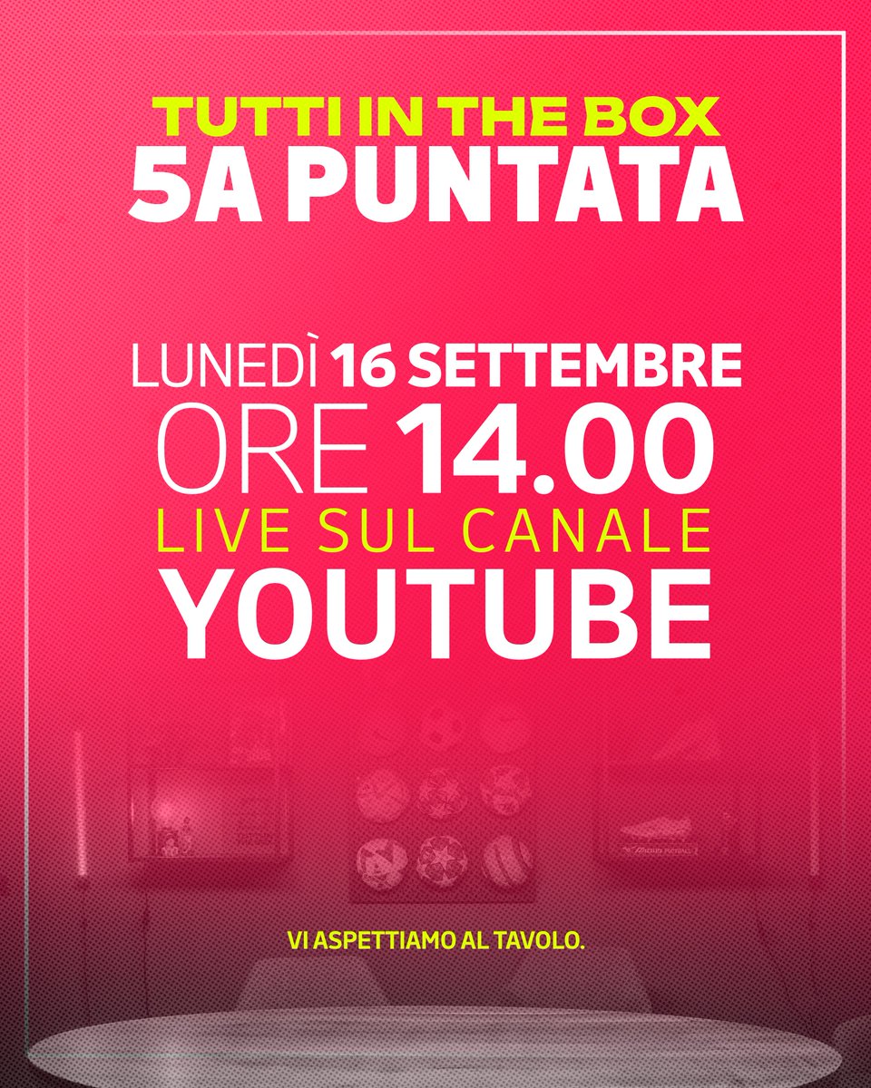 IL TERZO ANELLO DEL #CALCIO - EPISODIO 5 🎧⚽️

🗓️ Lunedì 16 Settembre
⌚️ 14.00
📺 youtube.com/@TUTTI-IN-THE-…
🗣️ <a href="/davom23/">Davom23</a> <a href="/toselluc/">Luca Toselli</a> <a href="/FantaTiaCipCip/">FantaTia</a> Edoardo Romero

Vogliamo sentirvi: #commentate in diretta, fate domande e diteci la vostra. 

Ci sarete?