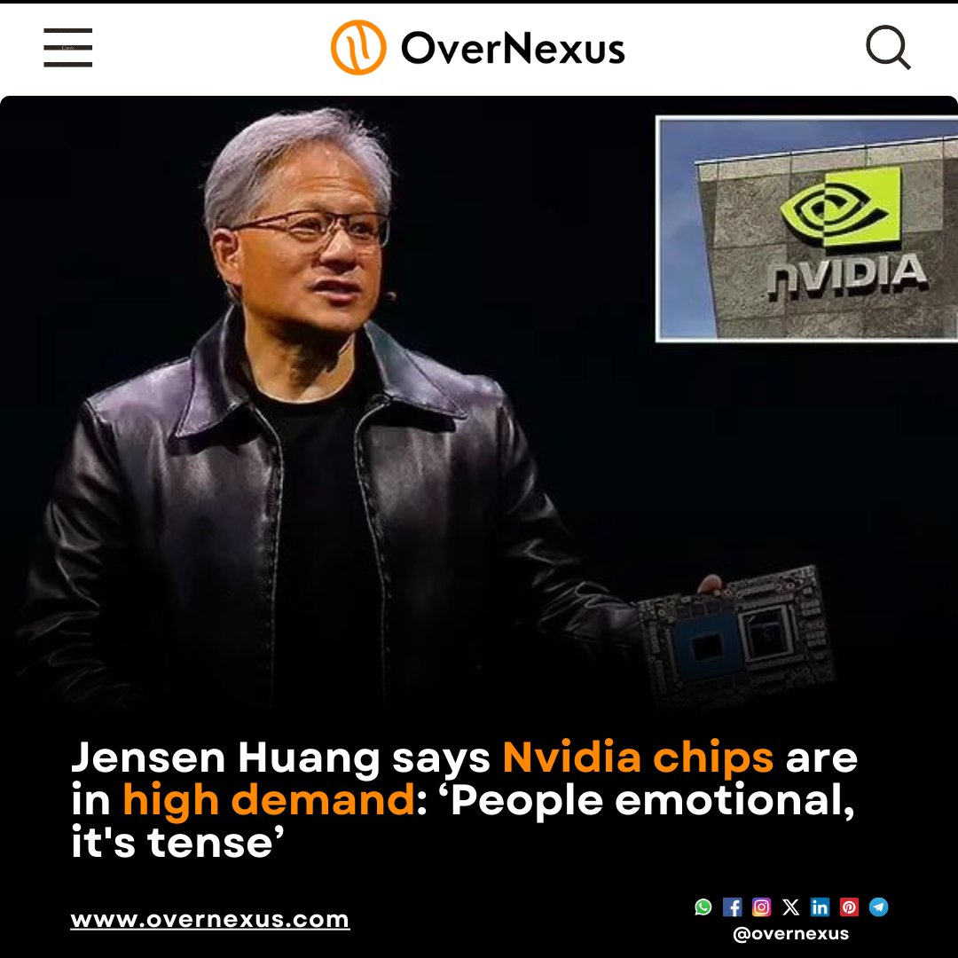 overnexusbiz's tweet image. Nvidia CEO Jensen Huang reveals that high demand for the company&apos;s products is causing tension among customers. The demand for Blackwell chips has soared, causing suppliers to outsource hardware production. 
.
#OverNexus #BusinessNews #NVIDIA #jensenhuang #nvidiachip #blackwell