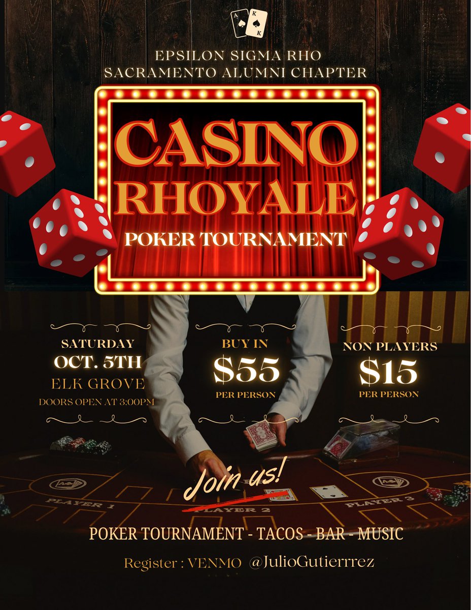 blitzthenatural's tweet photo. ♠️Get ready to go all in at the Casino RHOyale Poker Tournament, hosted by the Sacramento Alumni Chapter of Epsilon Sigma Rho! 🃏✨ Whether you're a poker pro or just looking for some fun, this is the perfect night to test your skills and win big. Don't miss out on the action!♦️ https://t.co/afY3F6IkUT