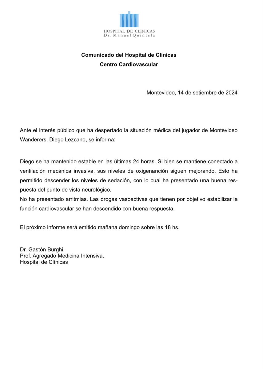 Parte médico del Hospital de Clínicas respecto a la situación de Diego Lezcano.

¡Fuerza, Toto!