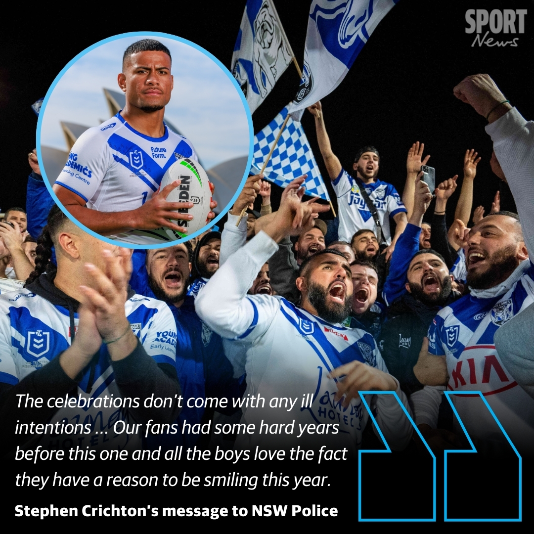 telegraph_sport's tweet photo. Canterbury skipper Stephen Crichton has pleaded with NSW Police not to fine Bulldogs fans should they celebrate a victory against Manly through the streets of Belmore on Sunday.

STORY: https://t.co/PS0pwv105p https://t.co/qCJ24eHkyU
