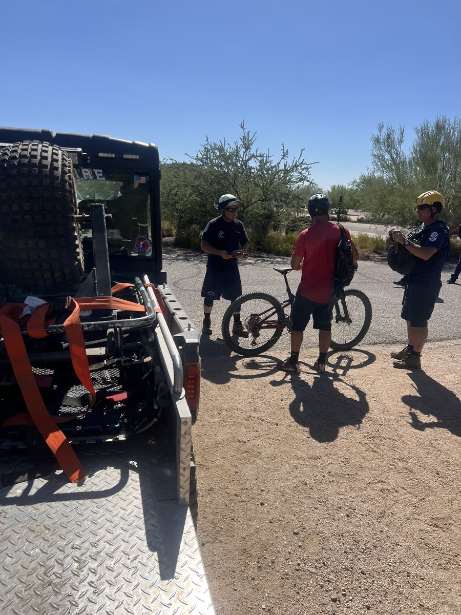 ScottsdaleFire's tweet image. Scottsdale Fire technical rescue teams assisted a mountain biker off the trail. Crews hiked 3 miles into the trail. The patient was taken off the mountain on a UTV. He was experiencing heat exhaustion, while riding his bike in over 100 degree temperatures.