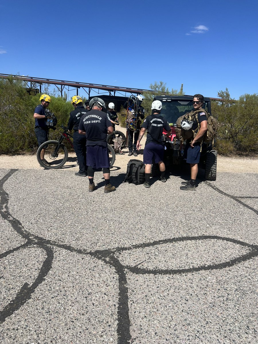 ScottsdaleFire's tweet image. Scottsdale Fire technical rescue teams assisted a mountain biker off the trail. Crews hiked 3 miles into the trail. The patient was taken off the mountain on a UTV. He was experiencing heat exhaustion, while riding his bike in over 100 degree temperatures.