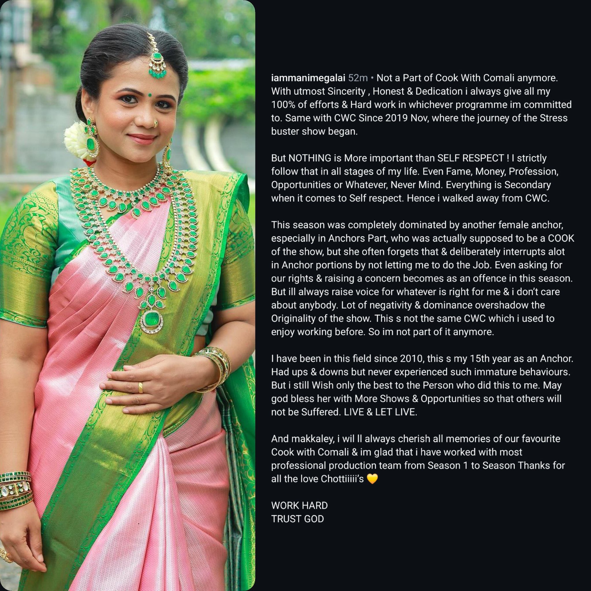 Harivijay on X: "Manimegalai quits #CookuwithComali due to #Priyanka dominance ! Hats off to @iamManimegalai to bring this out to public . # Manimegalai https://t.co/P7QBSYemof" / X