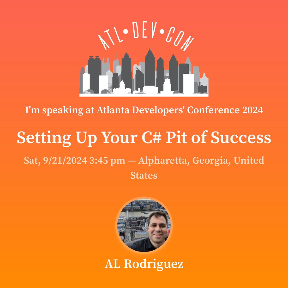 ProgrammerAL's tweet image. One week from today I'll be having fun at @ATLDevCon talking about Setting Up Your C# Pit of Success.
Get your tickets at ticketleap.events/tickets/develo…